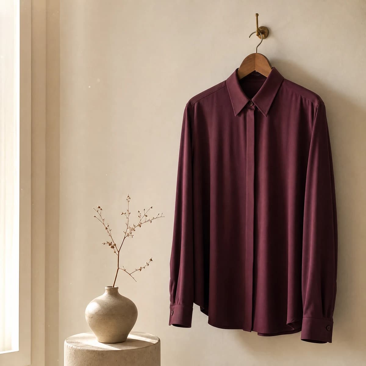 Camisa wine pendurada em cabide de madeira, mood teaser de pré-venda.